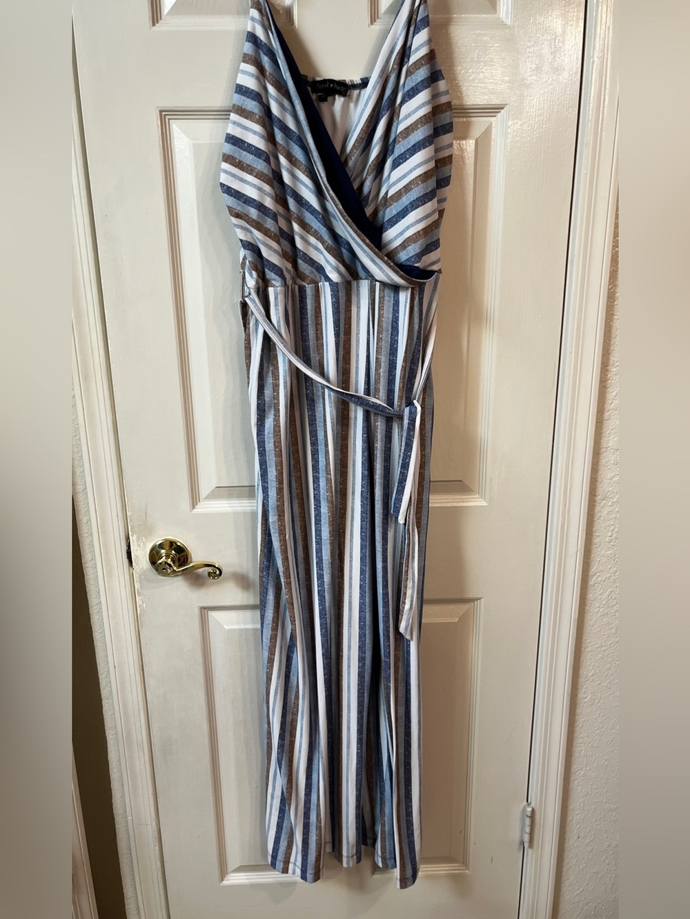 Derek Heart Striped Jumpsuit in Navy, White & Brown